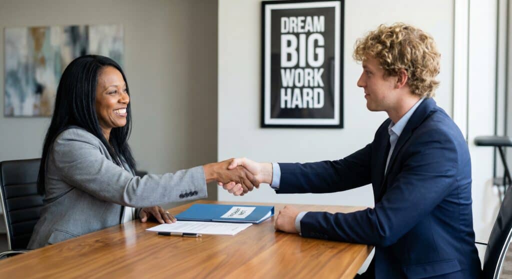 A woman shakes hands with a man over a desk.